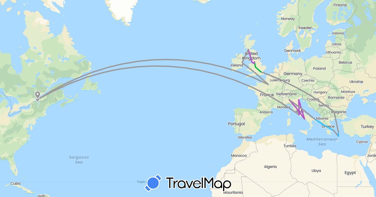 TravelMap itinerary: driving, bus, plane, train, boat in Bulgaria, Canada, France, United Kingdom, Greece, Ireland, Italy (Europe, North America)